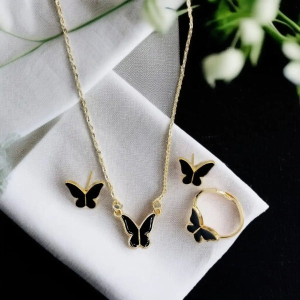 Butterfly-themed jewelry set including necklace, earrings, and ring 